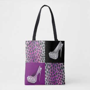 Blingy High Heels and Leopard Print Collage Tote Bag