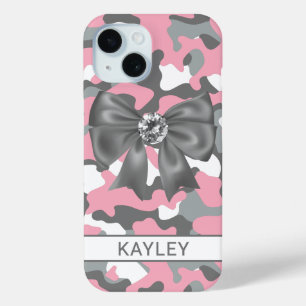 Blingy Pink Gray Camouflage Personalized iPhone 15 Case