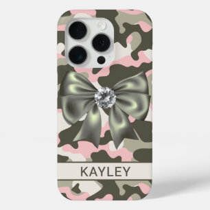 Blingy Pink Green Camouflage Personalised iPhone 15 Pro Case