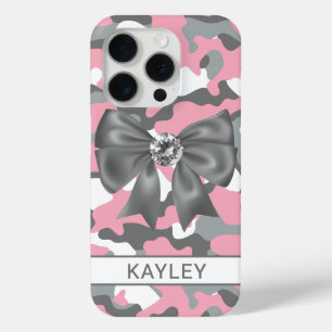Blingy Pink Grey Camouflage Personalised iPhone 15 Pro Case