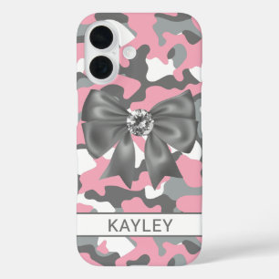 Blingy Pink Grey Camouflage Personalised iPhone 16 Case
