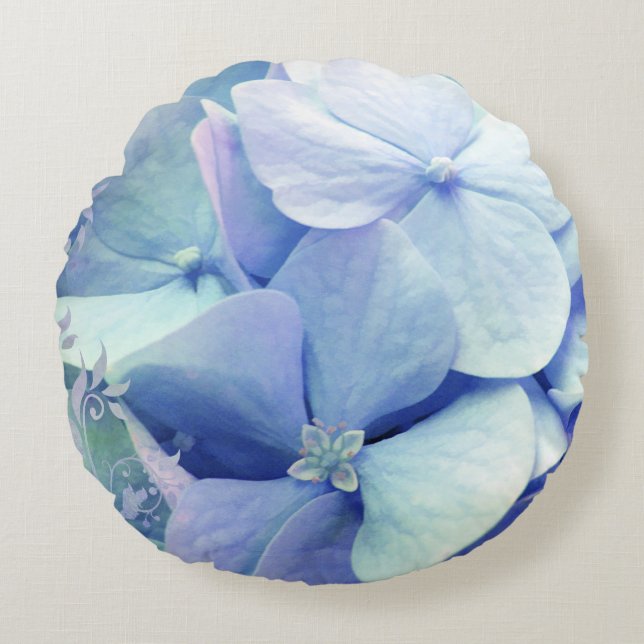 Bliss, Periwinkle Blue Hydrangea round pillow (Front)