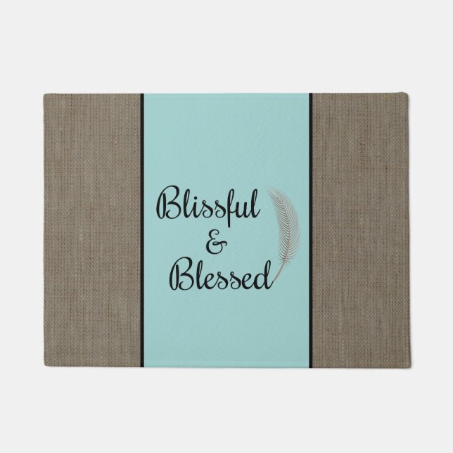 Blissful & blessed burlap feather blue doormat (Front)