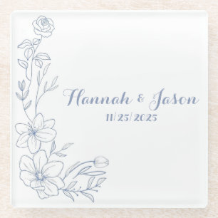 Blissful Blue Blooms Wedding Glass Coasters