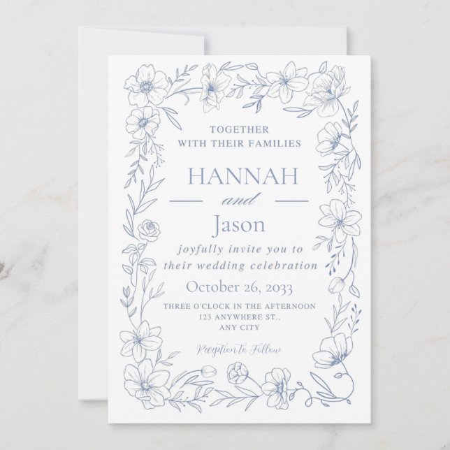Blissful Blue Blooms Wedding Invitation (Front)