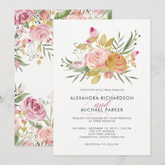 Blissful | Blush Pink and Faux Gold Floral Wedding Invitation (Front/Back)