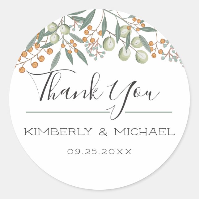 Blissful Bounty Botanical Wedding Thank You Classic Round Sticker (Front)