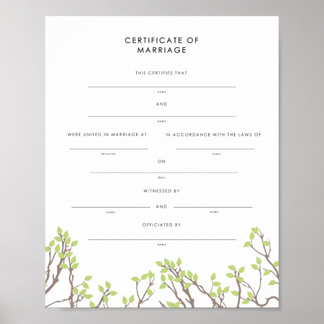 Blissful Branches Keepsake Marriage Certificate Poster (Front)