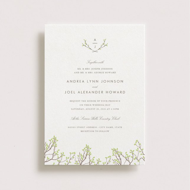 Blissful Branches Monogram Wedding Invitation (Creator Uploaded)