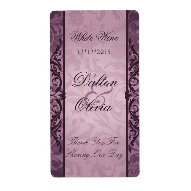 Blissful Brocade Plum Wedding Wine Label (Front)