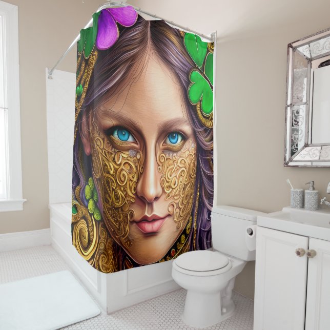 Blissful Bronze Face Woman St. Patrick's Day Art Shower Curtain (In Situ)