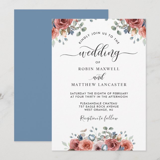 Blissful Floral Dusty Blue and Blush Wedding Invitation (Front/Back)