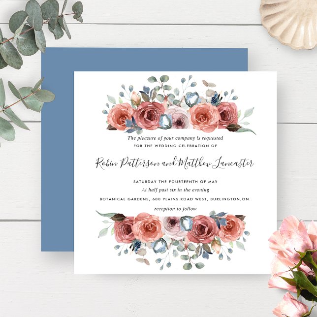 Blissful Floral Dusty Blue and Blush Wedding Invitation (Creator Uploaded)