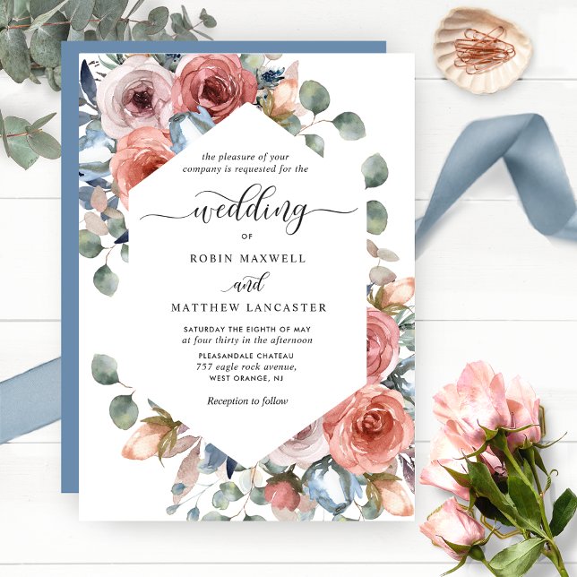 Blissful Floral Dusty Blue and Blush Wedding Invitation (Creator Uploaded)