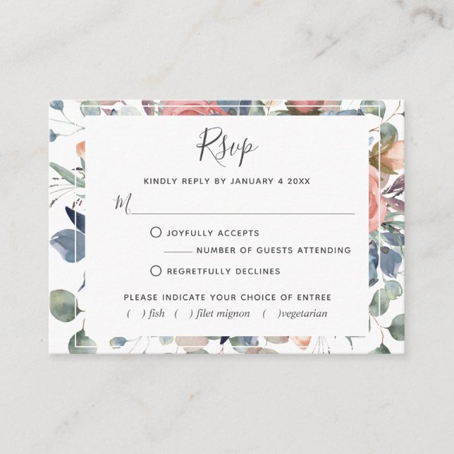 Blissful Floral, Dusty Blue and Greenery RSVP Card (Front)