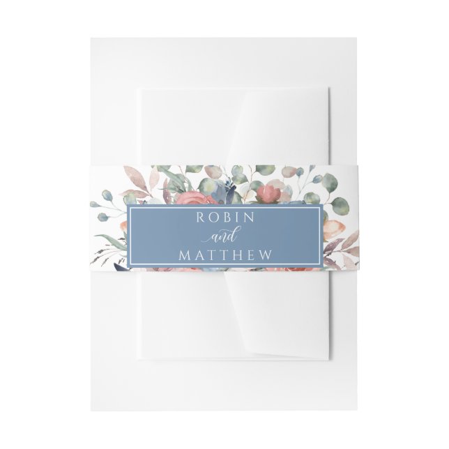 Blissful Floral, Dusty Blue and Greenery Wedding Invitation Belly Band (Front Example)