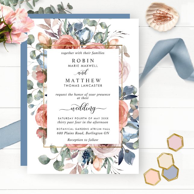 Blissful Floral, Dusty Blue Elegant Garden Wedding Invitation (Creator Uploaded)