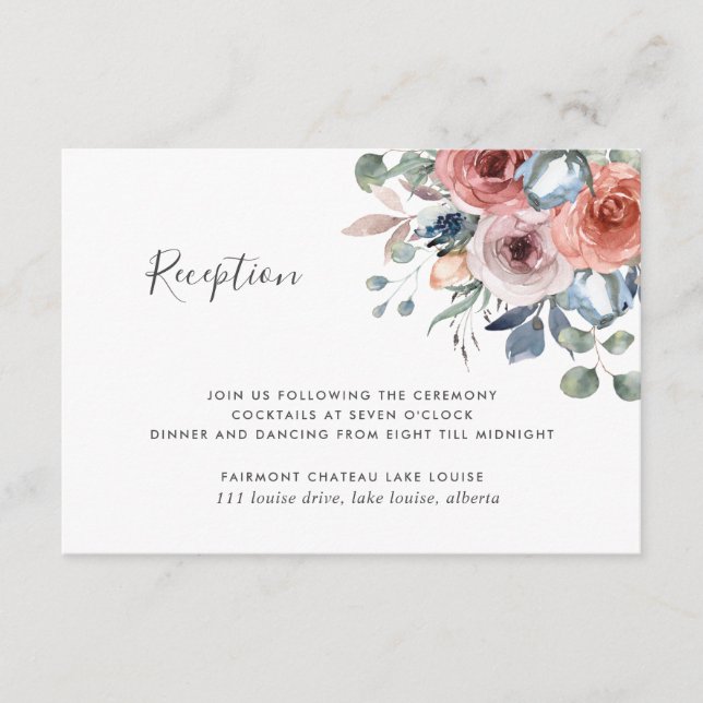 Blissful Floral Dusty Blue Wedding Reception Enclosure Card (Front)