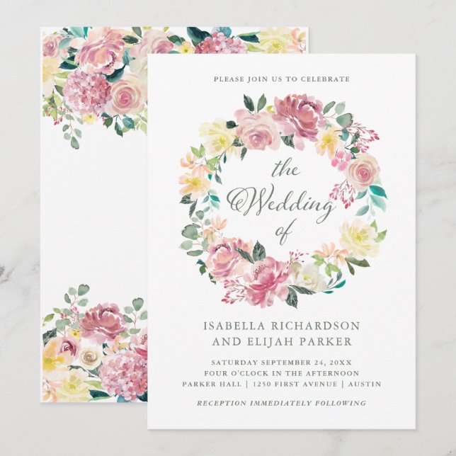 Blissful Love | Watercolor Pink Floral Wedding Invitation (Front/Back)