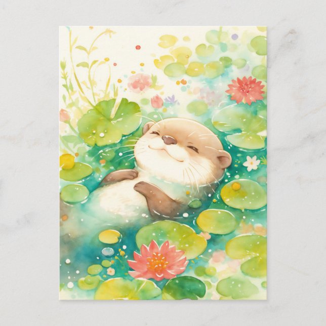 Blissful Otter Floating in Lily Pond Postcard (Front)