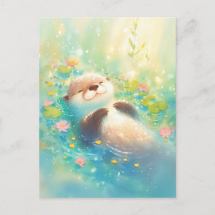 Blissful Otter Floating in Pink Lily Pond Postcard