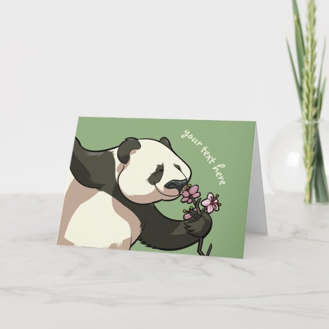 Blissful Panda Smelling Blossom Flowers Cartoon Card (Front)