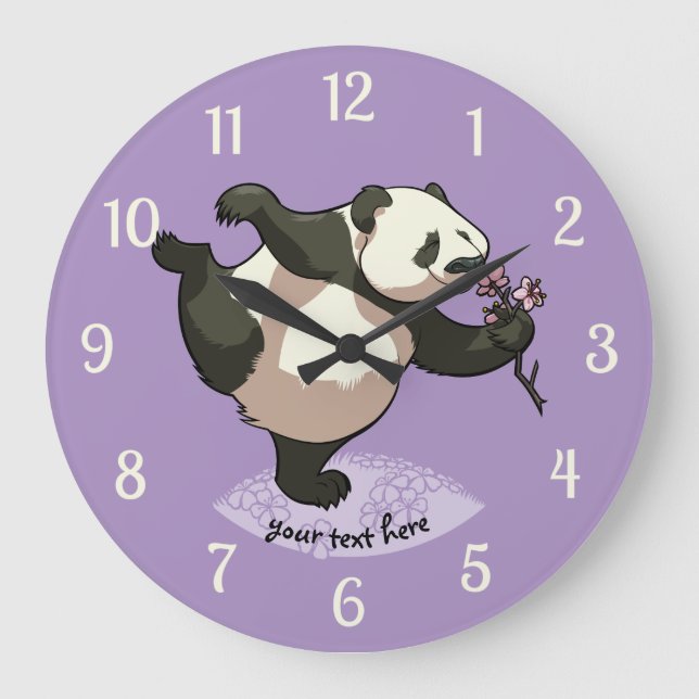 Blissful Panda Smelling Blossom Flowers With Text Large Clock (Front)