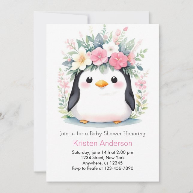 Blissful Pink Floral Penguin Girl Baby Shower Invitation (Front)