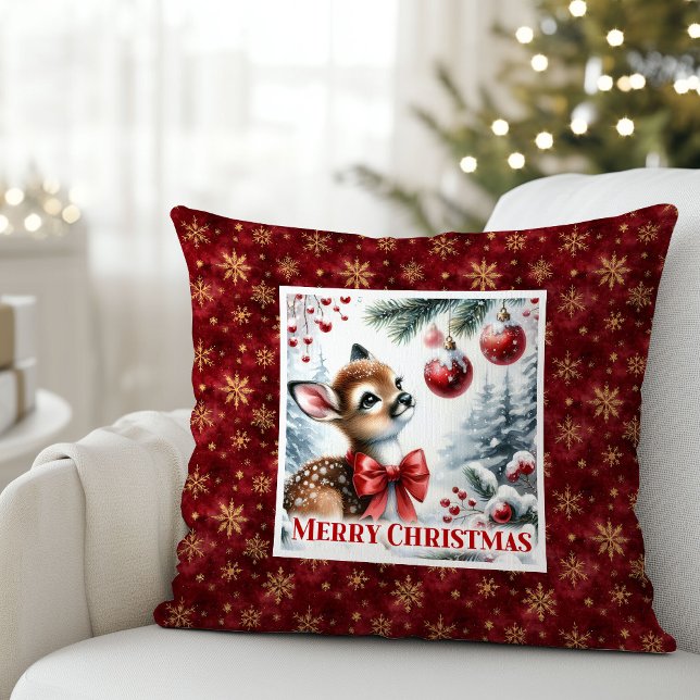 Blissful snowy forest Christmas scene baby deer  Cushion (Blissful snowy forest Christmas scene baby deer kids decor)
