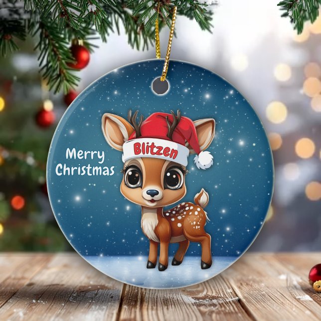 Blitzen Cute animal reindeer character, deer 🦌 🎄 Ceramic Tree Decoration (Personalizable Cute animal reindeer character, baby deer with antlers round ceramic ornament 🦌🎄)