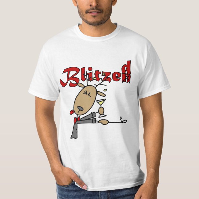 Blitzen Reindeer is Blitzed Christmas T-shirt (Front)