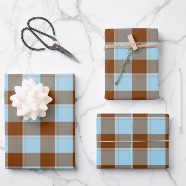 Blizzard Blue and Livid Brown Plaid Wrapping Paper Sheet (Front)