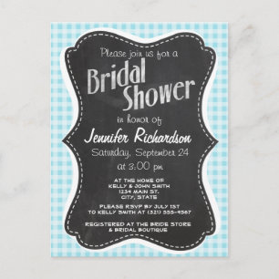 Blizzard Blue Gingham; Vintage Chalkboard look Invitation Postcard