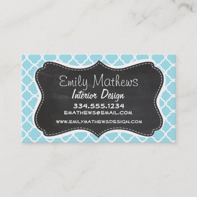 Blizzard Blue Quatrefoil; Vintage Chalkboard look Business Card (Front)