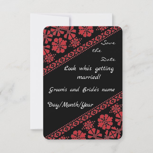 Blk and Rd Tatreez Wed. Save/the/Date Announcement (Front)