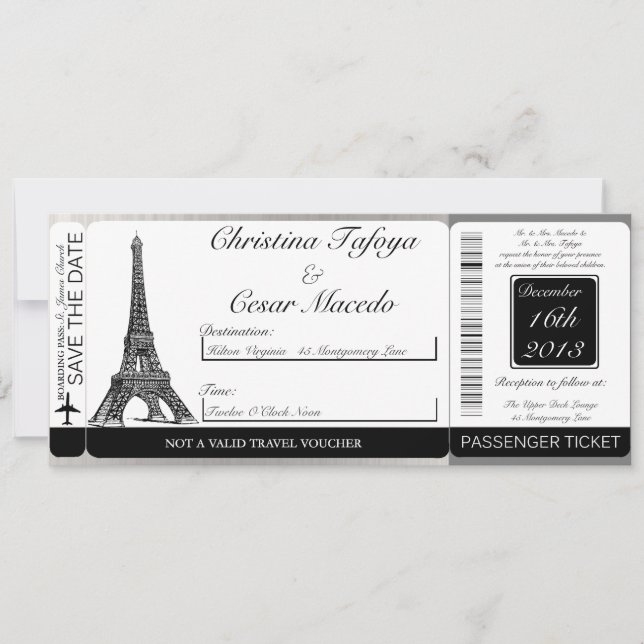 Blk Eiffel Tower Boarding Pass Wedding Invitation (Front)