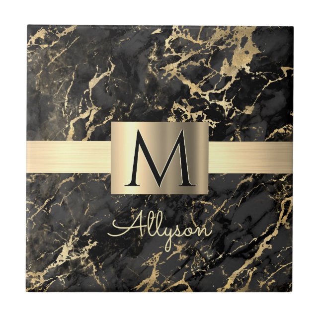 Blk & Gold Marble Gold Box, DIY Gold Name Monogram Tile (Front)