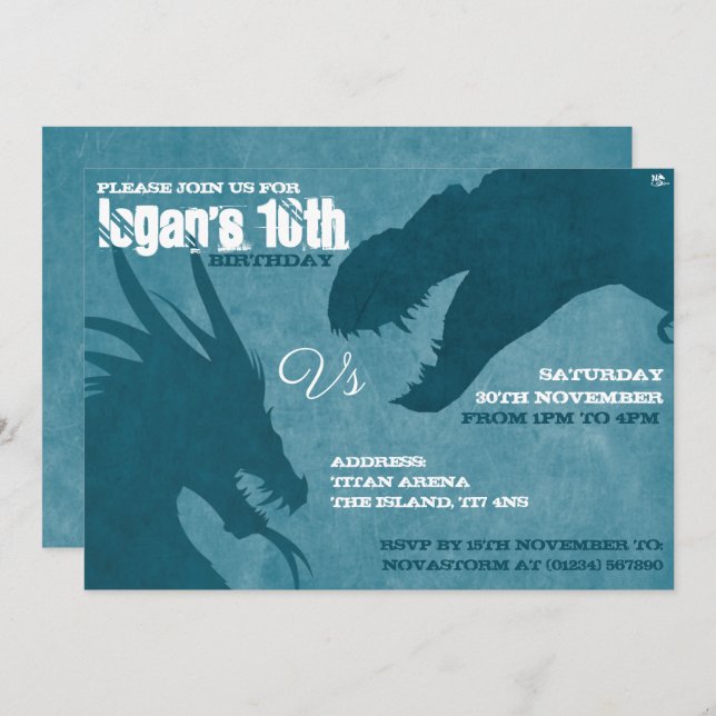 Bllue Dragon Vs T-Rex Silhouette Invitations (Front/Back)