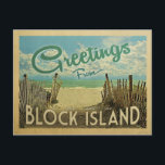 Block Island Beach Vintage Travel Postcard<br><div class="desc">This Greetings From Block Island vintage postcard design features a sandy beach with a beautiful turquoise ocean water and above the sea,  a blue sky with billowy white clouds. In vintage travels style.</div>