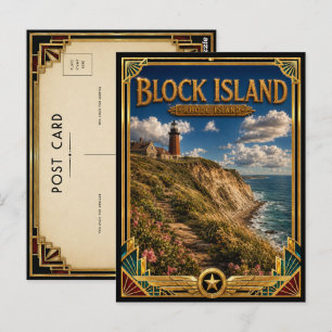 Block Island Rhode Island Vintage Art Deco Golden  Postcard