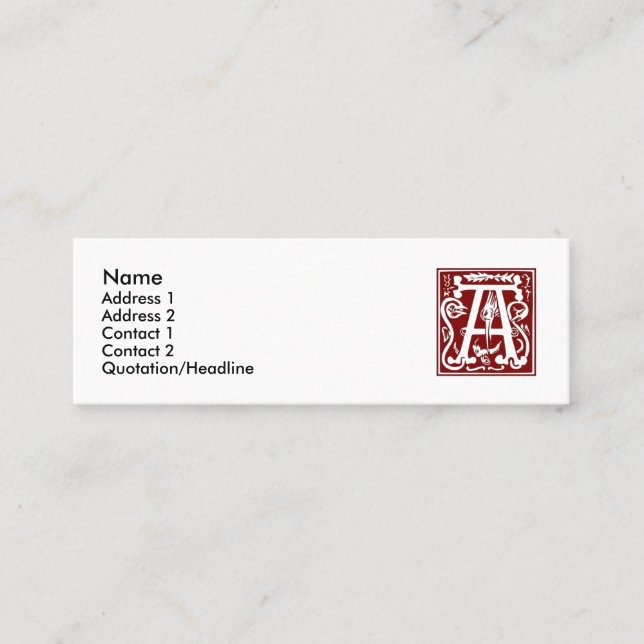 Block Letter "A" Woodcut Woodblock Inital Mini Business Card (Front)