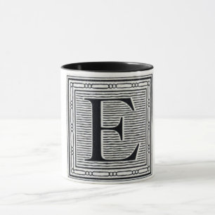 Block Letter "E" Woodcut Woodblock Inital Mug