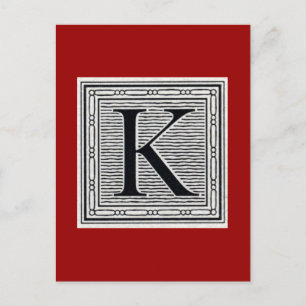 Block Letter "K" Woodcut Woodblock Inital Postcard