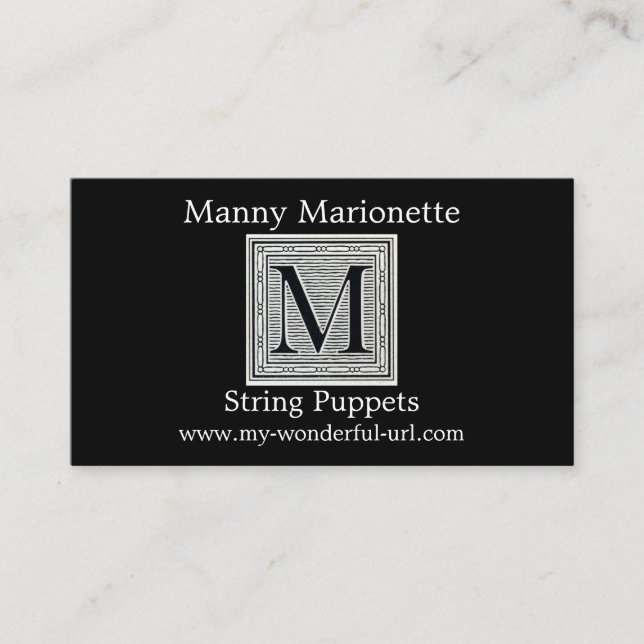 Block Letter "M" Woodcut Woodblock Inital Business Card (Front)