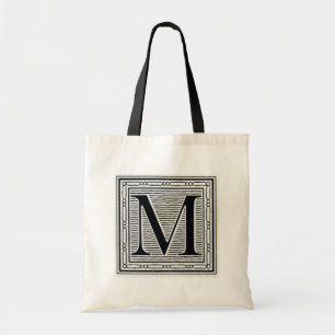 Block Letter "M" Woodcut Woodblock Inital Tote Bag