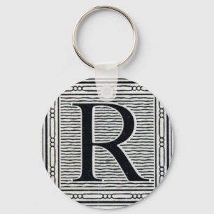Block Letter "R" Woodcut Woodblock Inital Key Ring