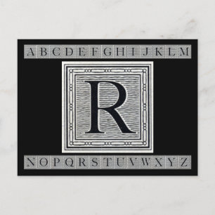 Block Letter "R" Woodcut Woodblock Inital Postcard
