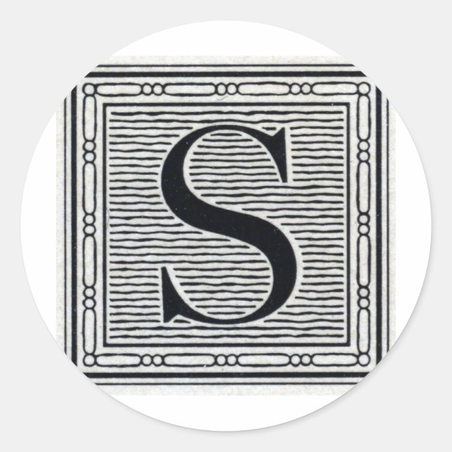Block Letter "S" Woodcut Woodblock Inital Classic Round Sticker (Front)