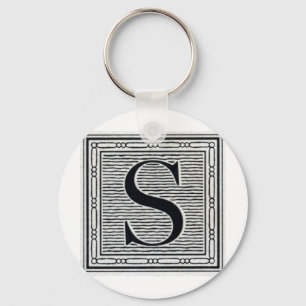 Block Letter "S" Woodcut Woodblock Inital Key Ring