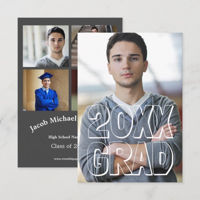 Block Letters Grey 3x5 - Graduation Announcement (Front/Back)